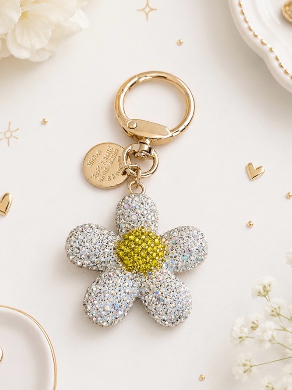 Bag Charm/Keyring-White Rhinestone Daisy with Yellow Stone Center-Gold Hardware